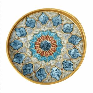 🆕 Medieval Reverse Painted Tray Handcrafted Gold Blue Peru